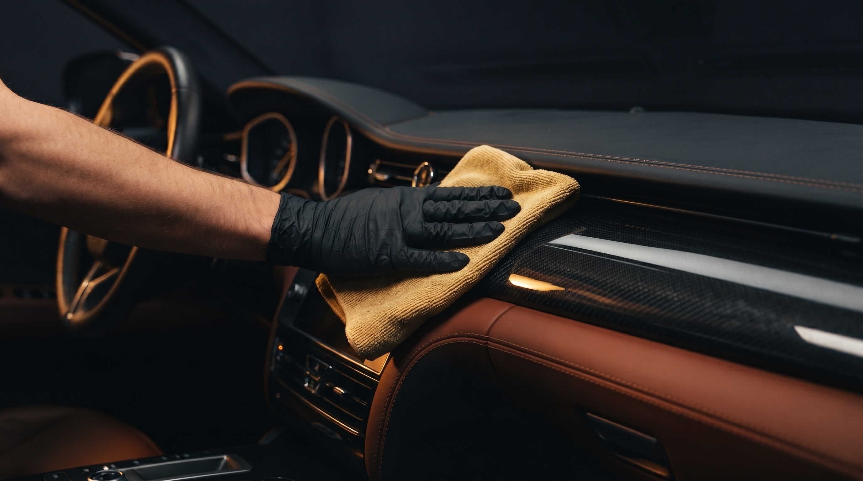 Hand im Handschuh wischt das Armaturenbrett mit Mikrofasertuch